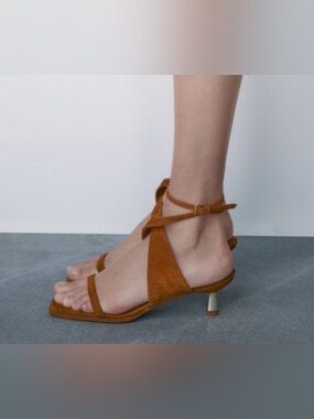 Zara Brown Suede Ankle-Wrap kitten Heel Sandals